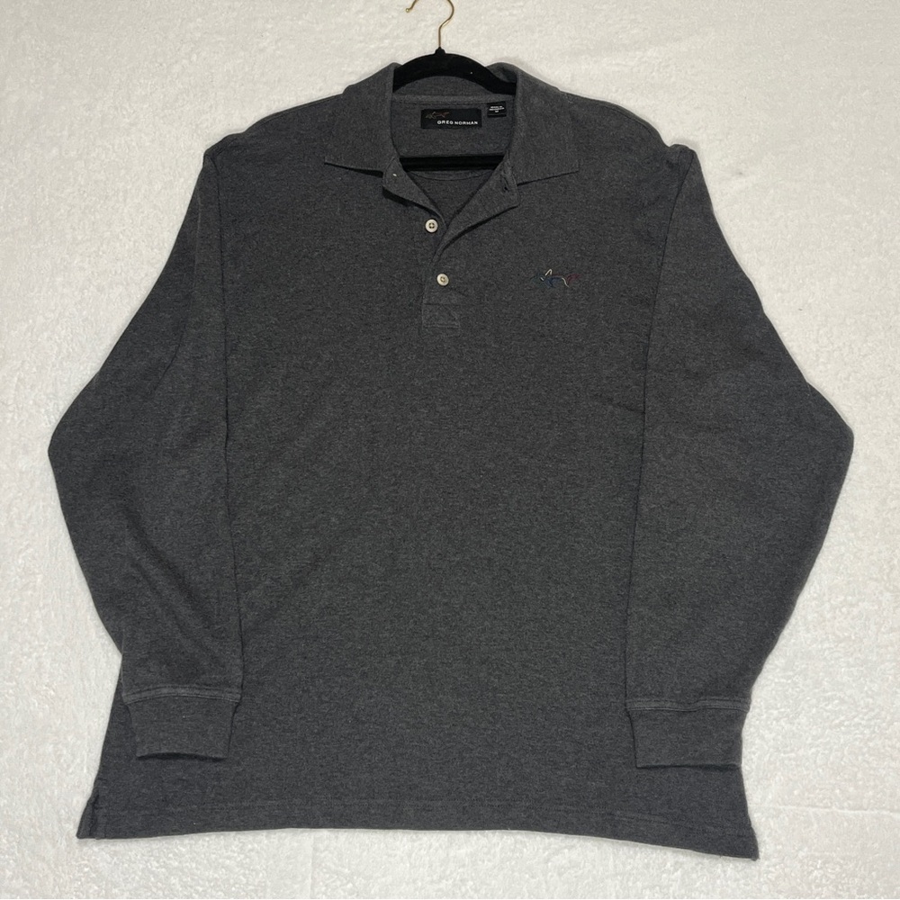 Greg Norman Men's Long Sleeve Polo Charcoal Gray Cotton Shark Logo Medium